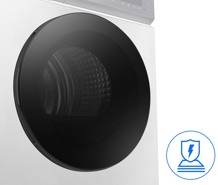 Tempered Glass Door of dryer with a view of the inside. The Icon shows strong and durability.