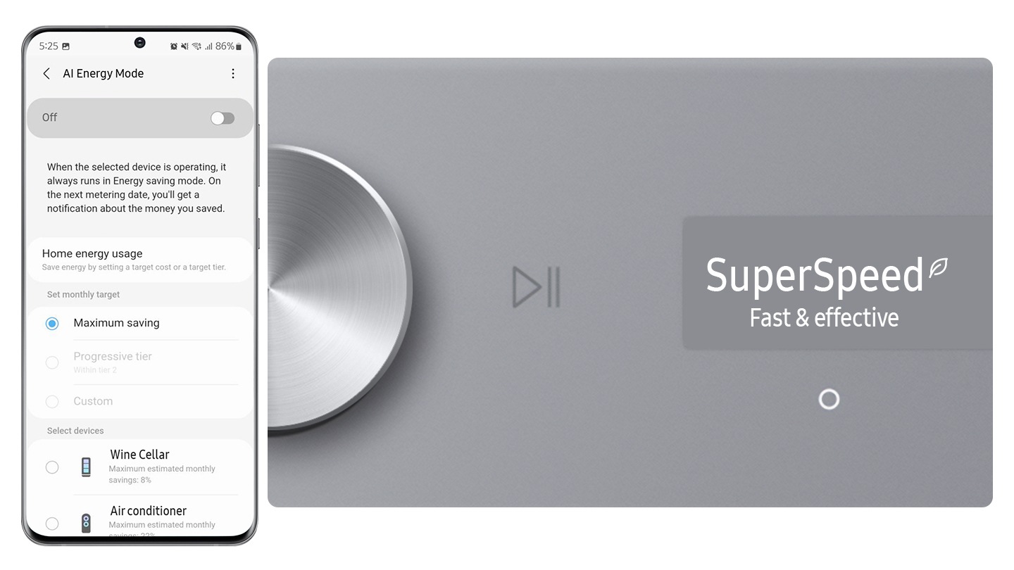 The AI ​​Energy Mode for Dryer is activated by checking the mode button to 'On' and selecting the device you want to run on your smartphone. After the cycle, the drying is complete with AI Energy Mode which saves 180 Wh (20%") of energy. Images shown are for illustration purpose.