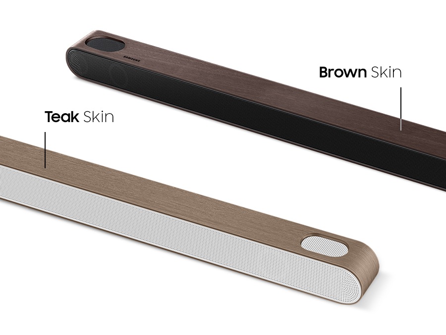 An Ultra Slim Soundbar wrapped in Teak Skin and Brown Skin are on display, respectively.