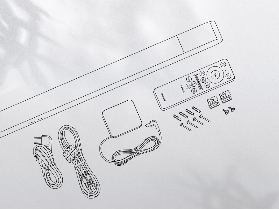 An overview angle shows everything that comes included with S800B Samsung Soundbar including wallmount installation brackets.