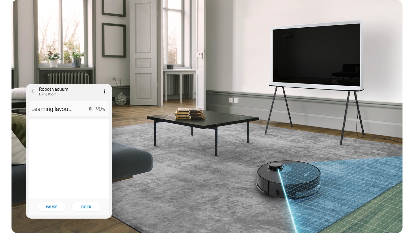 Il sensore LiDAR del VR7700 scansiona a 360 gradi da sinistra a destra per imparare la disposizione di un elegante soggiorno prima di pulire.