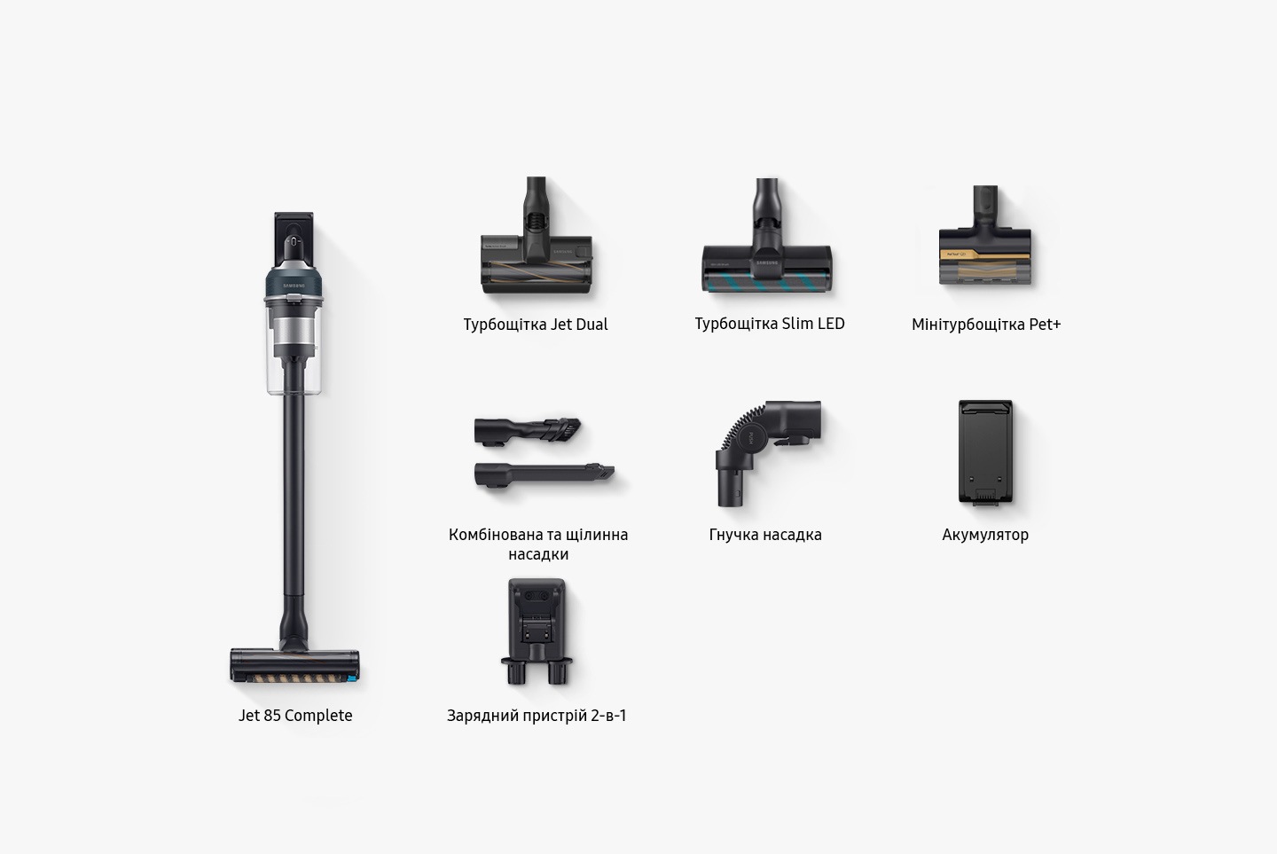 The components that come in the box include Jet 85 Pet, Jet Dual Brush, Pet Tool +, Combination & Crevice Tool, Flexible Tool, 1 Battery and 2-in-1 Charger. All images shown are for illustration purpose only. Actual model may vary depending on specifications.