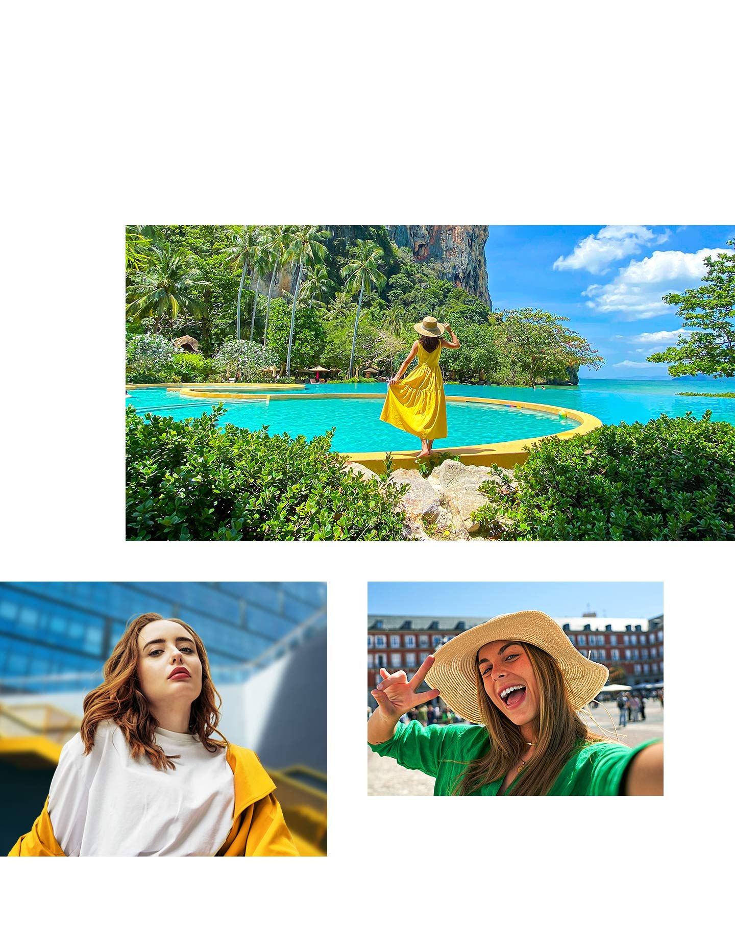 Вгорі на фото, зробленому основною камерою, зображено чудовий пейзажний фон і жінку на передньому плані. Внизу зліва - портретний знімок жінки, зроблений за допомогою камери глибини. Праворуч - селфі жінки, зроблене фронтальною камерою.