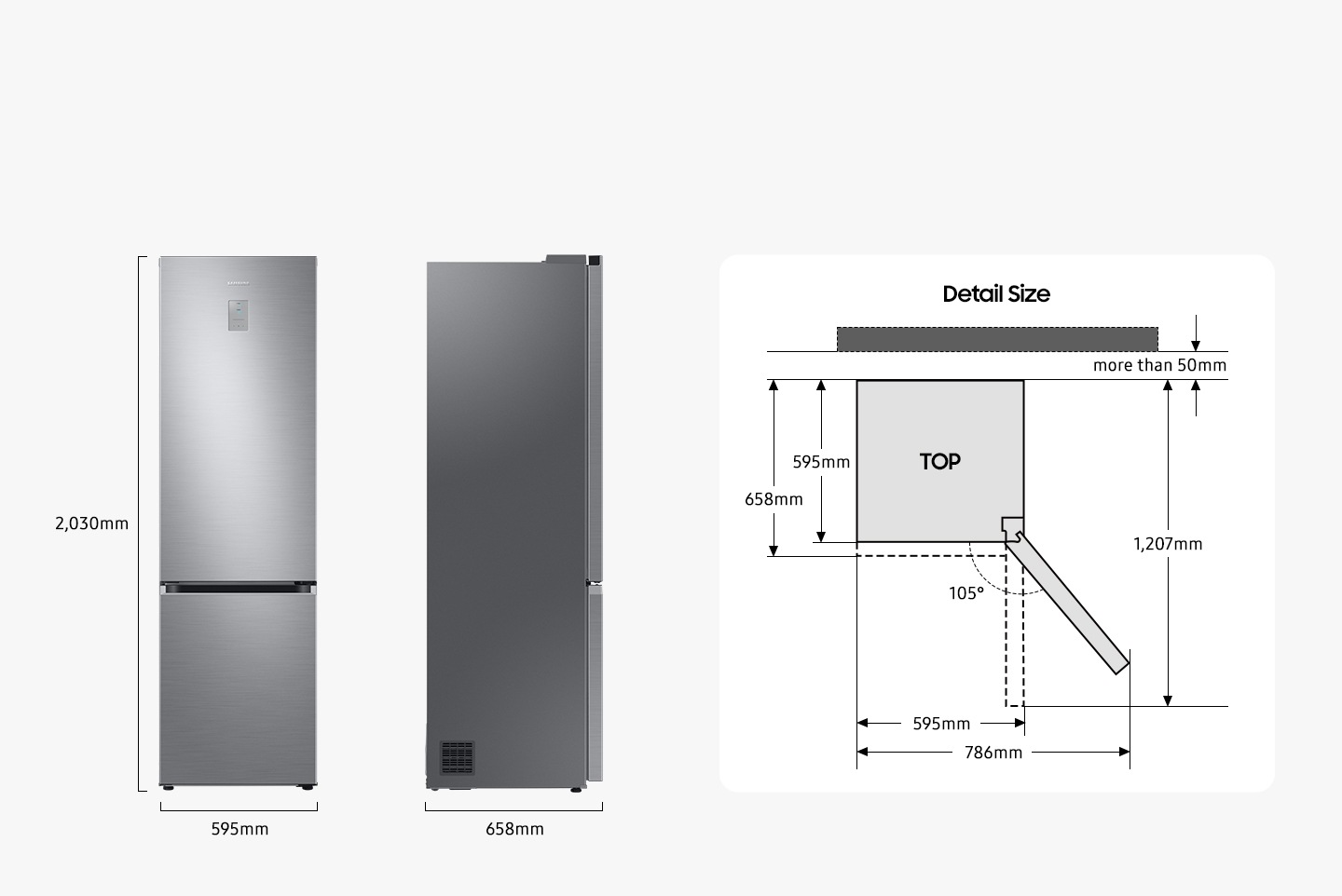 There are front and side views of RB7300. The RB7300 is 2030mm in height, 595mm in width, and 658mm in depth. When viewed from the top of the RB7300, the detail size is 595mm excluding the door and 658mm including the door. The door is opened up to 105°, with a width of 786mm and a front width of 595mm when the door is opened to 90°. When the door of RB7300 is opened at 90°, the length from the back of the product to the front of the door shall be 1207mm, and the product shall be installed with a space of more than 50mm from the wall.