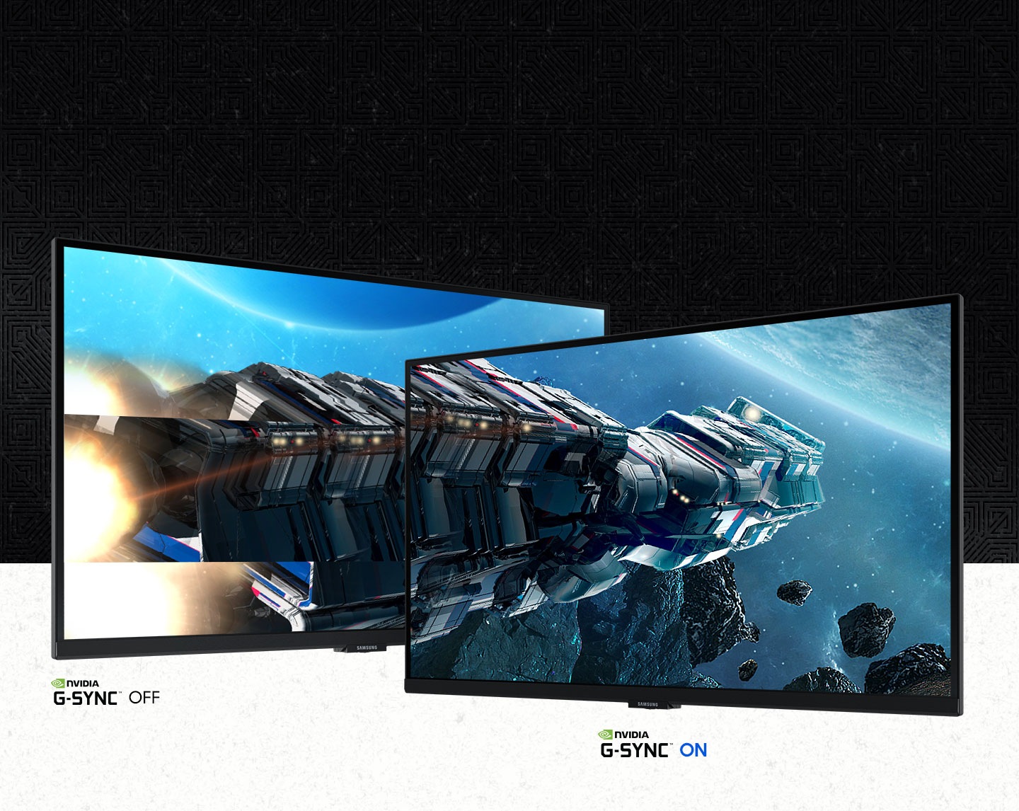 Два монітори поруч показують один і той же космічний корабель. Ліва сторона FreeSync вимкнена, а права &ndash; увімкнена, що демонструє вплив FreeSync на запобігання розриву екрана.