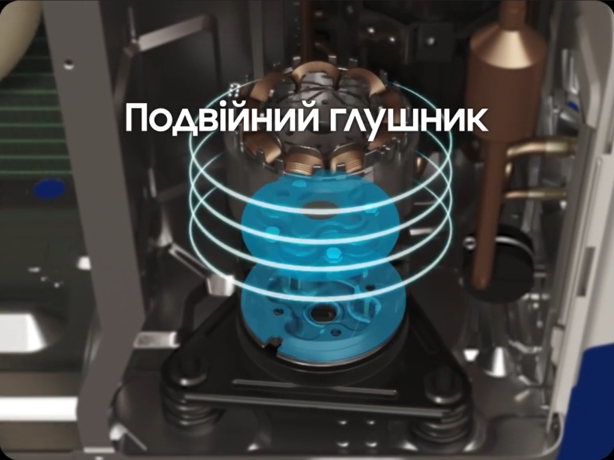 Компресорна частина всередині зовнішнього блоку вібрує та обертається, а на відео підкреслюється &laquo;подвійний глушник&raquo;, а потім вібрація зникає.