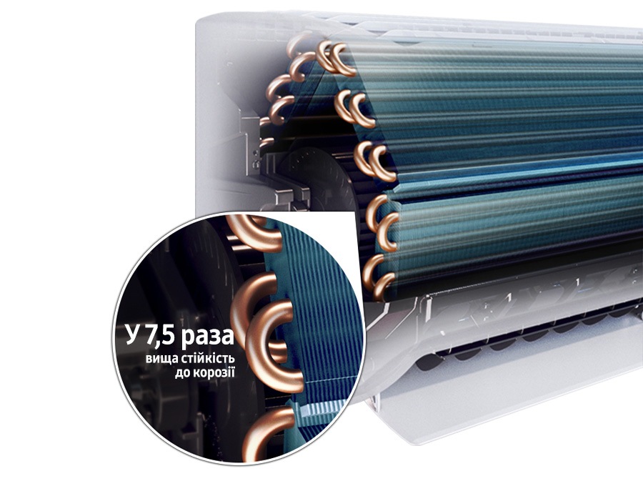 Показывает покрытые медными трубками внутри теплообменника. Вблизи говорит, что они обеспечивают в 7,5 раз лучшую стойкость к коррозии.