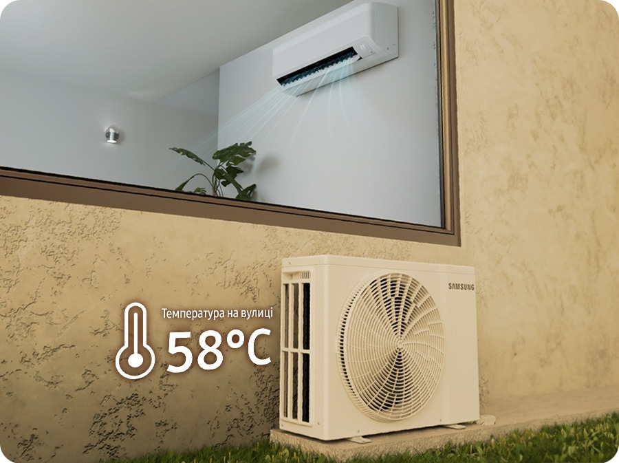 Ventile unit is shown installed in scorching environment with external temperature of 58&deg;C, while through the window, outdoor unit is seen operating smoothly without any issues.