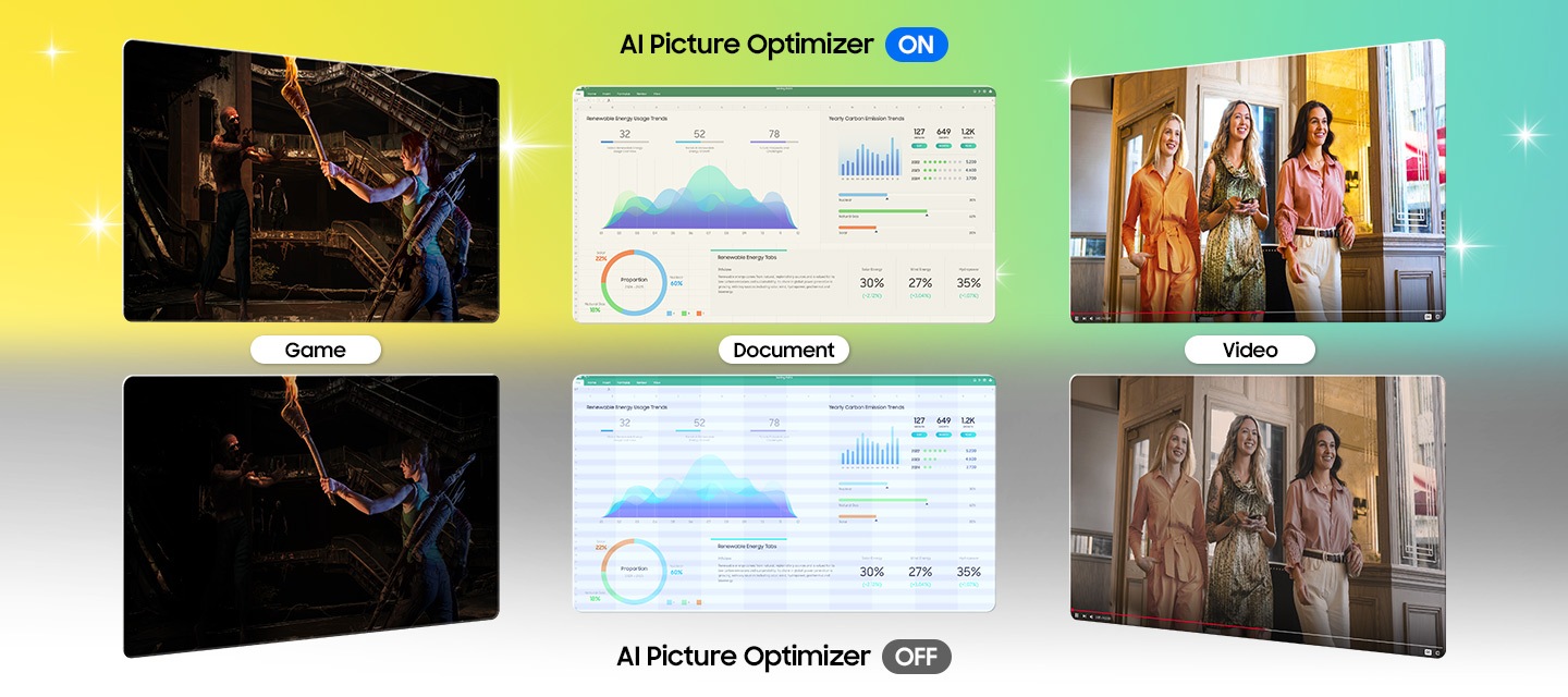 AI Picture Optimizer ON shows clearer content scenes and data than AI Picture Optimizer OFF.