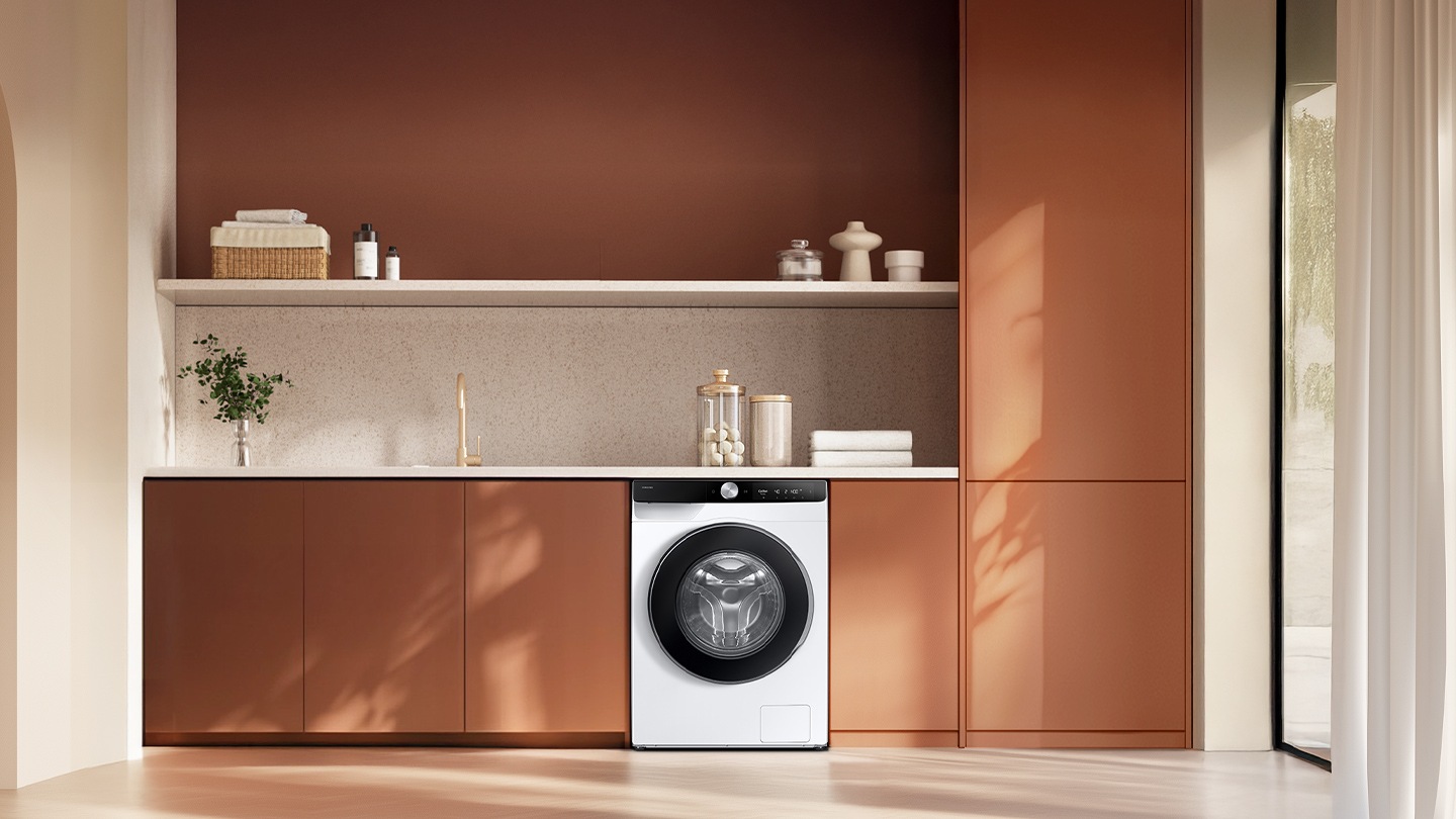 The washing machine is installed in the laundry room.