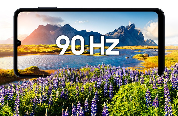 Galaxy A07 демонструє яскравий пейзаж з написом «90 Гц» на екрані, що підкреслює його 6,7-дюймовий екран і частоту оновлення 90 Гц.
