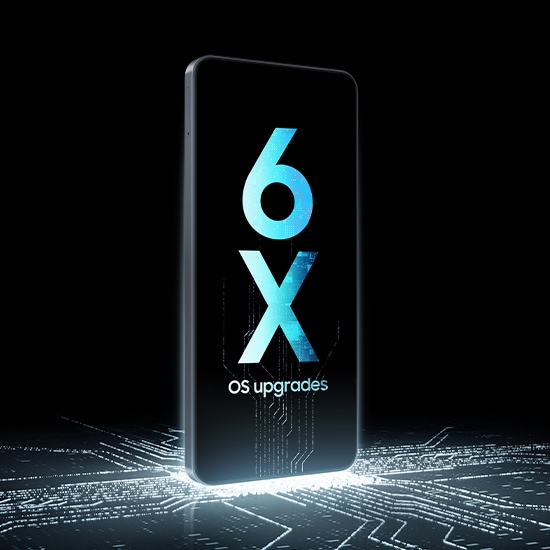 Смартфон Galaxy A07 стоїть вертикально на люмінесцентному чипі, контури якого продовжуються на екрані пристрою з написом «6X оновлень ОС».