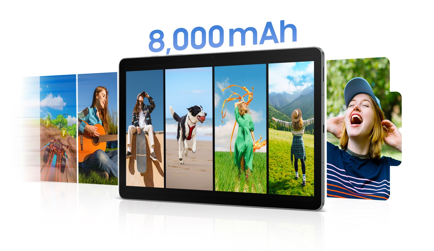 На екрані Galaxy Tab S10 Lite зображено серію світлин щасливих моментів, які рухаються зліва направо, утворюючи форму іконки батареї. Над пристроєм розміщено напис 8 000 мАг, що підкреслює велику ємність батареї, яка забезпечує тривале користування – для перегляду фото, відео та застосунків без частих підзарядок.