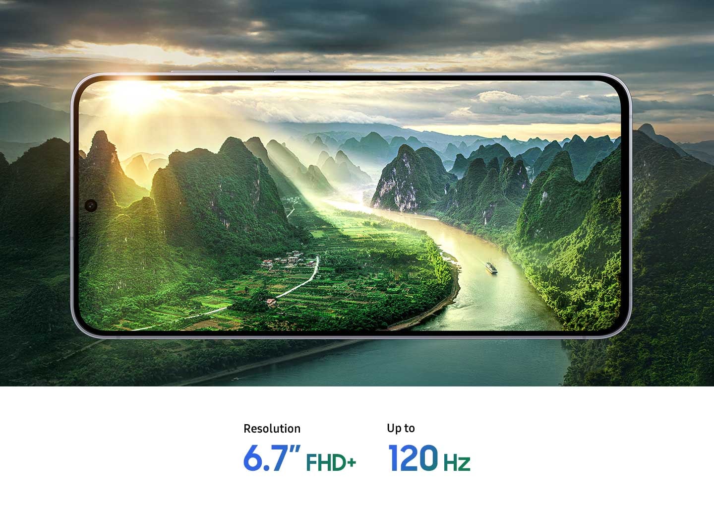 A smartphone screen shows a scenic landscape of mountains and a river with sunlight streaming through clouds. Below, text reads 'Resolution 6.7 inch FHD+' and 'Up to 120 Hz'.