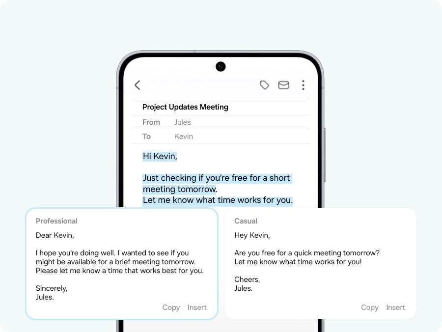 A smartphone screen showing an email composition interface addressed to 'Kevin.' The email text reads, 'Just checking if you're free for a short meeting tomorrow. Let me know what time works for you.' Below are two suggested responses labeled 'Professional' and 'Casual.'