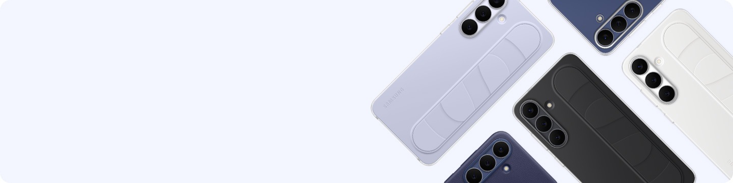 Multiple Samsung Galaxy S25 FE devices arranged in a scattered pattern, shown from the back to highlight their phone cases. The phone cases come in various colors and some have textured back designs.