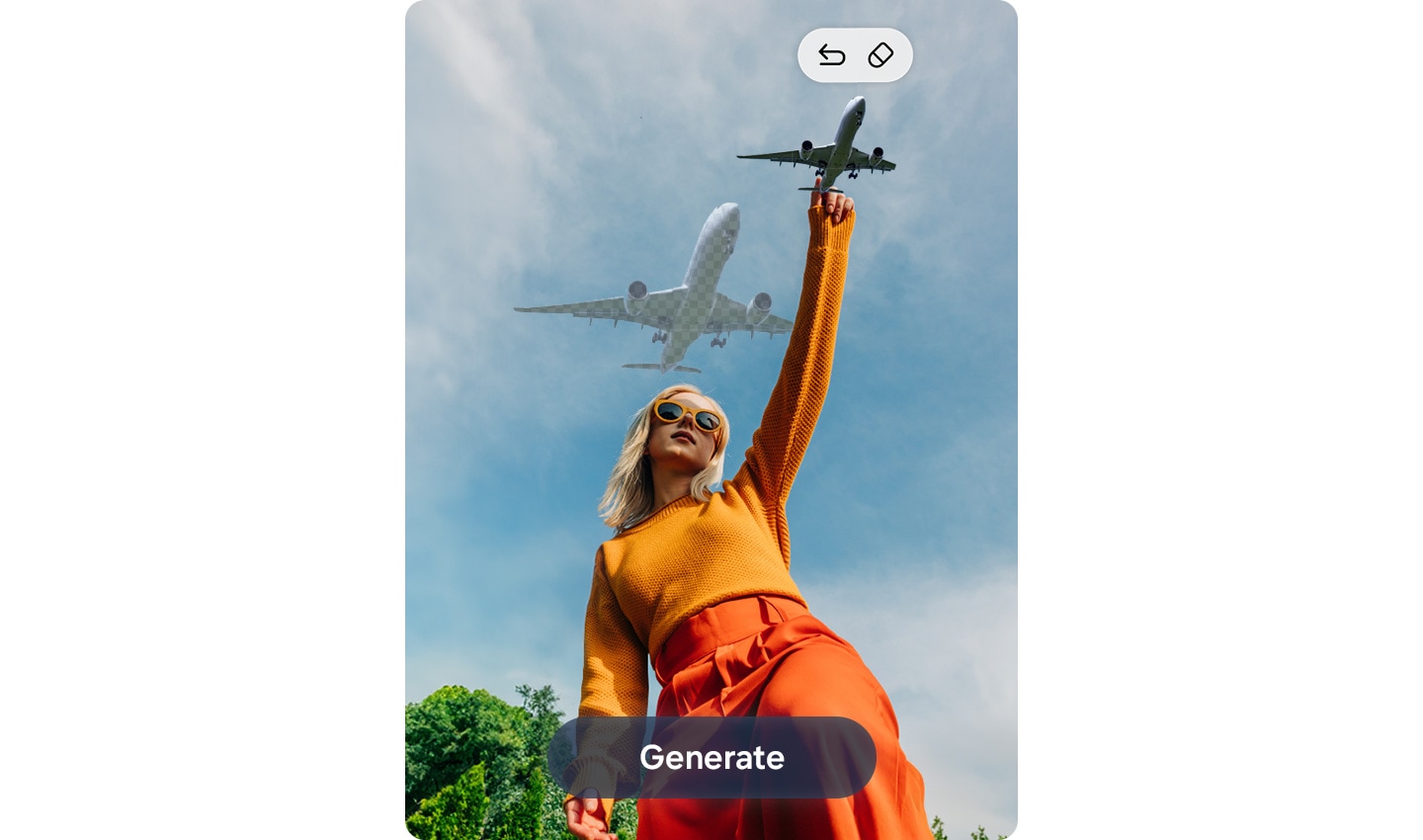 A person stands with one arm raised, pointing an airplane. The airplane is shown to have been selected and resized, then dragged into the person’s hand. 'Generate' button is visible, which makes the original airplane location in the sky to be seamlessly filled in.
