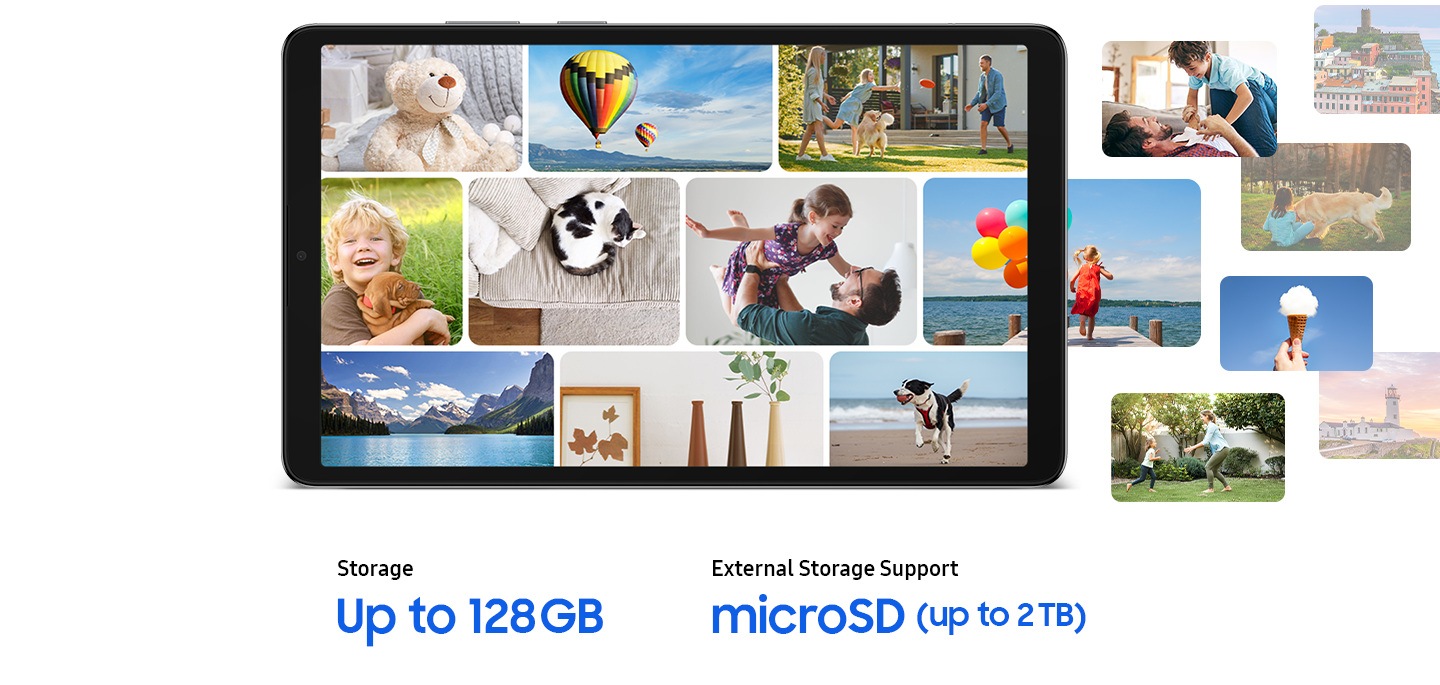 На екрані Galaxy Tab A11 зображено колаж із фотографій у три ряди. Деякі фотографії виходять за межі планшета. Це родинні фото – тут є і домашні улюбленці, і яскраві моменти з подорожей. Під планшетом і фотографіями текст, який вказує на інформацію про обсяг сховища: «Обсяг сховища: до 128 ГБ» «Підтримка зовнішнього накопичувача: microSD (до 2 ТБ)»