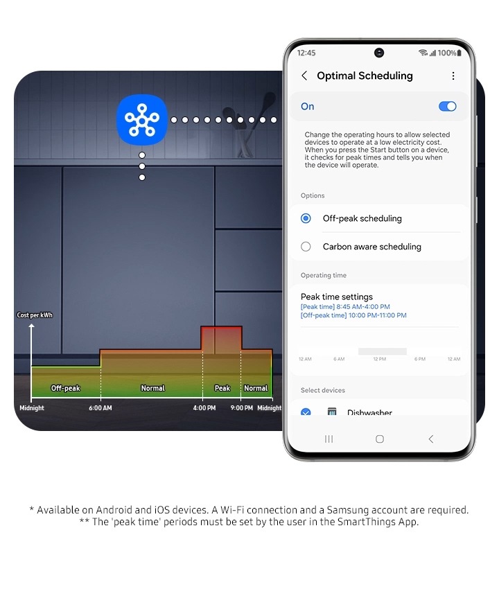 * Available on Android and iOS devices. A Wi-Fi connection and a Samsung account are required.** The 'peak time' periods must be set by the user in the SmartThings App.A person activates the Optimal scheduling in the SmartThings using smartphone and saves Peak time setting. Change Peak time: 8:45 AM ~ 4:00 PM to 4:00 PM ~ 9:00 PM, and Off-peak time: 10:00 PM ~ 11:00 PM to 12:00AM~ 6:00 AM. The graph shows the power usage by time zone and cost per kWh. Midnight to 6:00 AM is Off-peak, 6:00 AM to 4:00 PM is Normal, 4:00 PM to 9:00 PM is Peak and 9:00 PM to Midnight is Normal. Reduce energy costs during Off-Peak times, when power usage is lowest. And the world map shows in color that each country's carbon intensity is low and high. A country's carbon intensity is 16g, low-carbon is 99% and renewable is 30%. Automatically avoid carbon intensity during carbon aware scheduling.