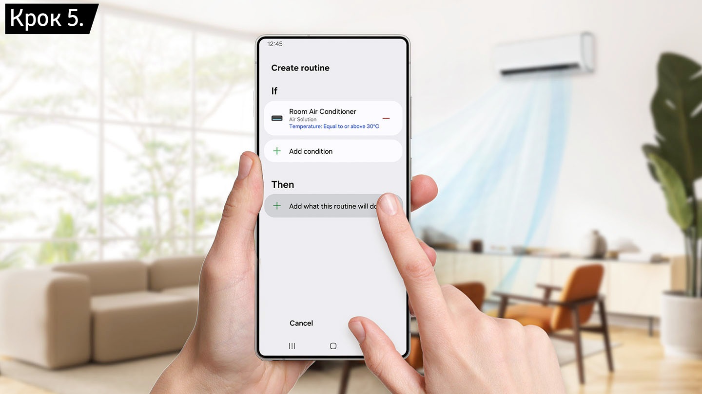 A close-up view shows a hand holding a smartphone with a living room in the background. The user is touching the 'On' button on the 'customized Routine' setup screen. 'Step 5.' is indicated in the upper-left corner with white text inside a black bubble.