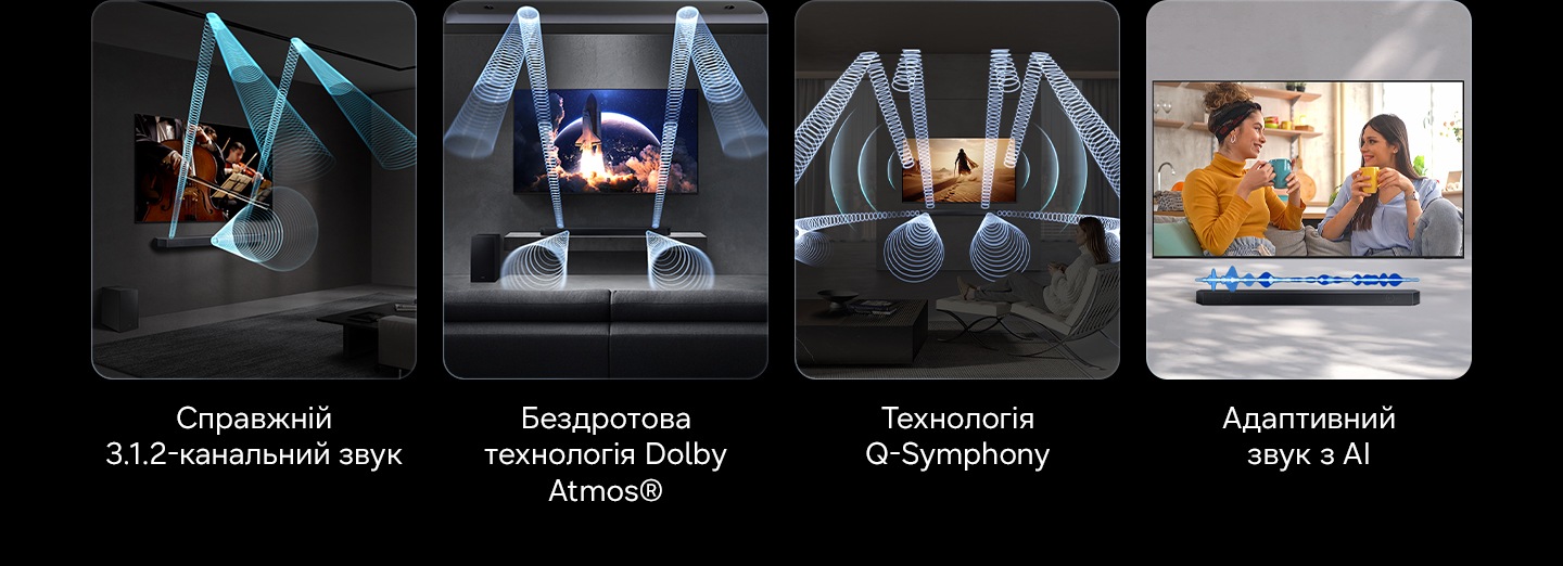 Справжній об'ємний звук 3.1.2ch, бездротовий Dolby Atmos®, Q-Symphony, AI Adaptive Sound — основні функції Q600H.