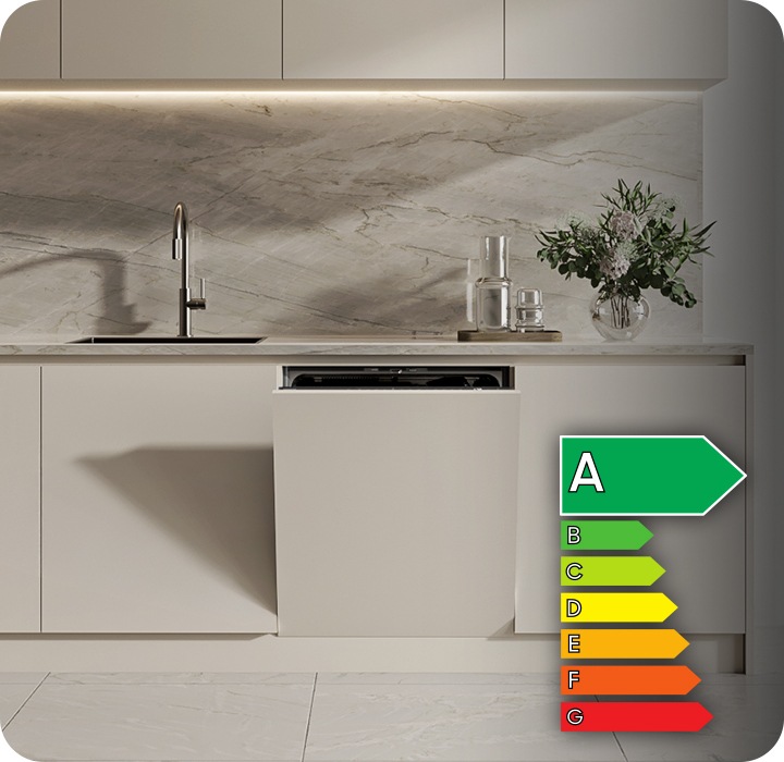 Inside the dishwasher, dishes are being cleaned. Shows a graph highlighting energy efficiency rating. The dishwasher has class A energy efficiency.