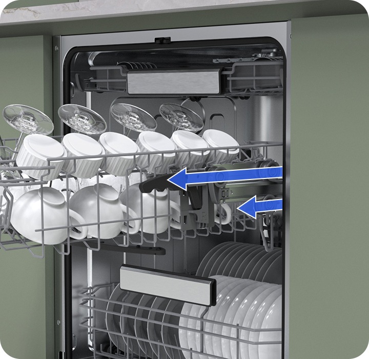 The middle rack with full of utensils is pulled out. The soft railing system allows the rack to slide in and out smoothly.