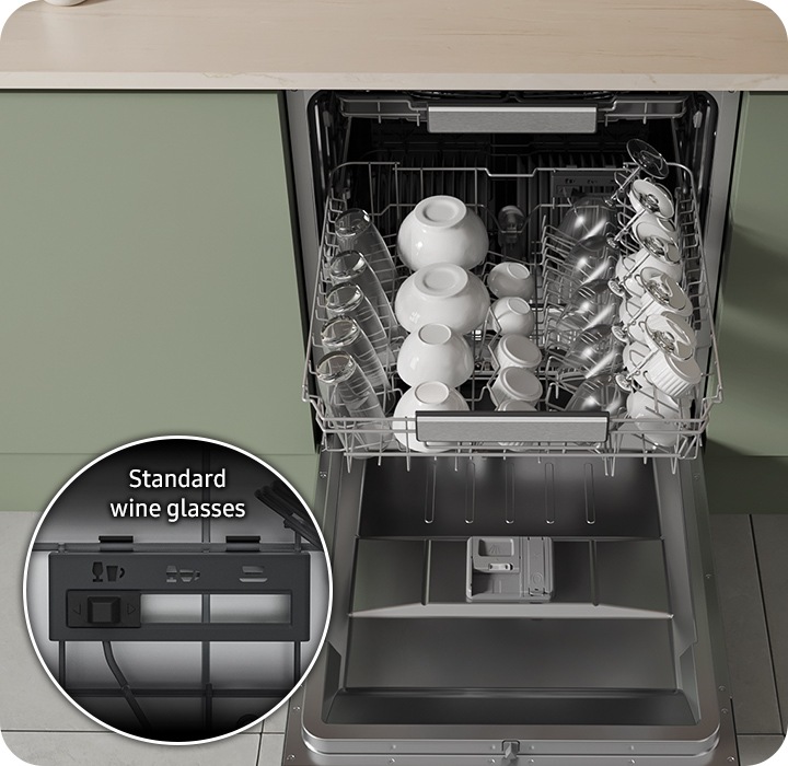 The dishwasher’s middle rack can be adjusted to 3 settings using the lever behind. It fits a various sized dishes and glasses, including standard wine glasses, shorter wine or brandy glasses, bowls and plates.
