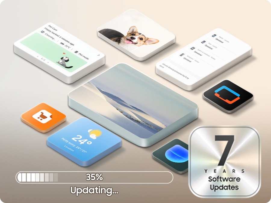 A system interface screen showing a gallery image, weather information, smartphone display, home appliance course screen, and various icons. A loading bar at the bottom indicates that the update is 35% in progress. Software updates are provided for 7 years.