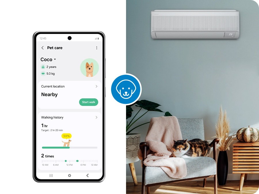На смартфоне отображается экран &laquo;Уход за домашними животными&raquo;, на котором показан кошка, который удобно спит под внутренним блоком. Между смартфоном и внутренним блоком появляется значок &laquo;домашнее животное&raquo;.