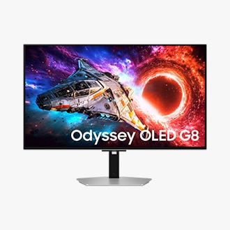 Фронтальний вигляд 32-дюймового Samsung Odyssey OLED G8. На екрані космічний корабель вилітає з порталу.