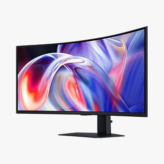 Вигляд на 40-дюймовий Samsung ViewFinity S8 S85TH з фронтально-правої перспективи, на екрані відображається палітра яскравих кольорів.