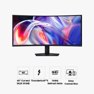Фронтальний вигляд Samsung ViewFinity S8 S85TH, на екрані палітра яскравих кольорів, та чотири іконки функцій: 40-дюймовий вигнутий дисплей 5K2K WUHD, підтримка Thunderbolt™ 5, частота оновлення 144 Гц та легке підключення (Easy Connection).
