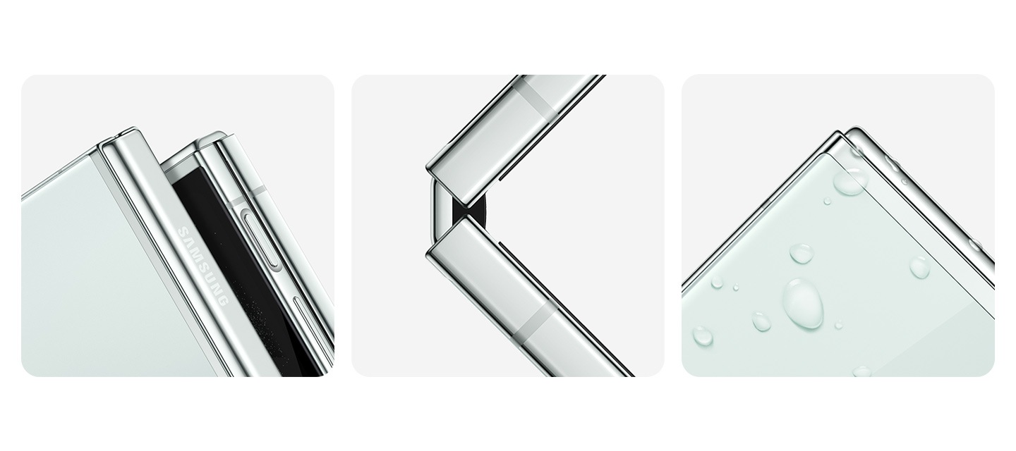 Tres primeros planos del Galaxy Z Flip5 en varios ángulos, incluido el marco lateral, Flex Hinge y el panel trasero.