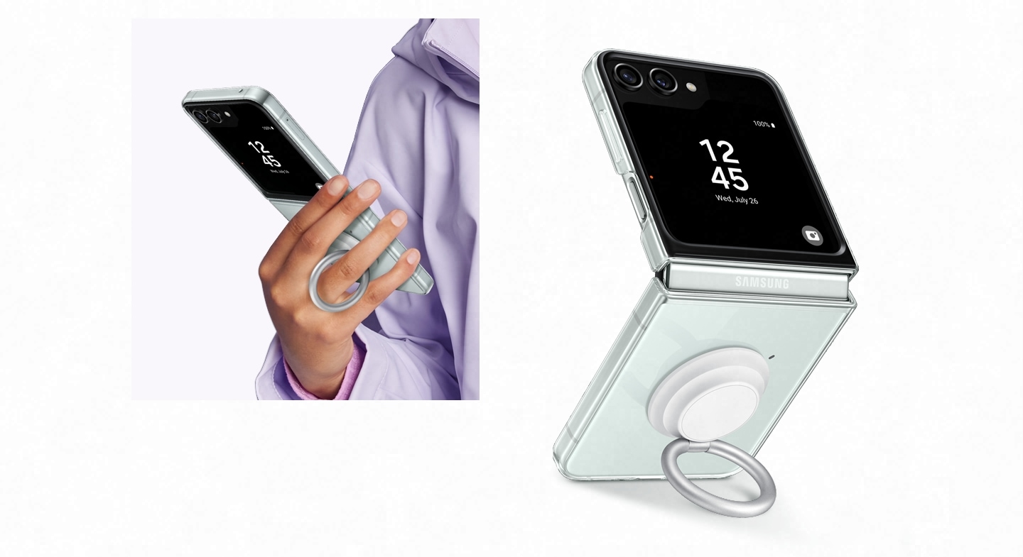 'A person is holding vertically an unfolded Galaxy Z Flip5 device with a Clear Gadget Case on, using a ring holder. Next to it, the device is placed vertically on a surface with the ring holder being used as a stand.