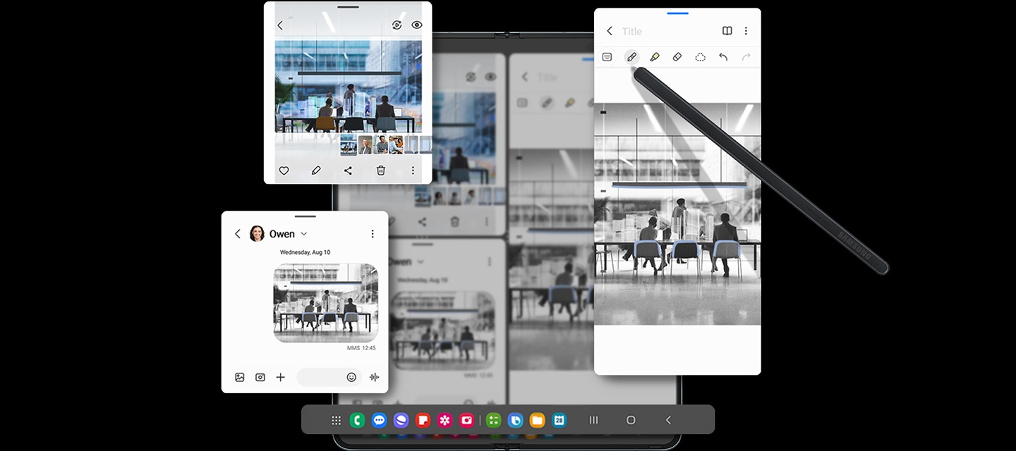Hay tres ventanas abiertas en el Galaxy Z Fold5: una aplicación para tomar notas, una galería de fotos y un chat de mensajes de texto. La barra de tareas está en la parte inferior de la pantalla. S Pen se utiliza para editar en la aplicación para tomar notas.