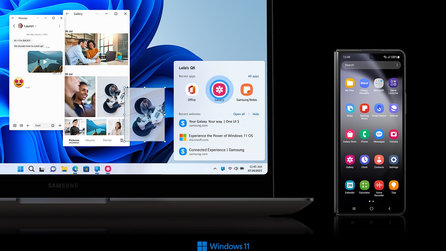 Galaxy Z Fold5 y una computadora portátil están conectados a través de Link to Windows. Un menú en la barra de tareas de la computadora portátil muestra aplicaciones recientes y búsquedas del navegador desde el teléfono inteligente. Una conversación de texto desde el teléfono está abierta en el escritorio. La galería de fotos del smartphone se ve en una ventana en la pantalla del portátil. Se arrastra y suelta una foto de la galería desde la galería reflejada al escritorio de la computadora portátil. Logotipo de Windows 11.