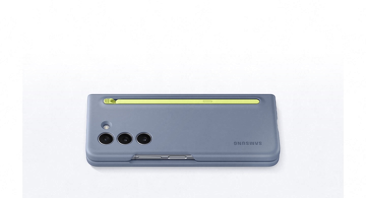 A Galaxy Z Fold5 device encased with an icy blue Slim S Pen Case is lying facing down with the S Pen Case inserted on its back.