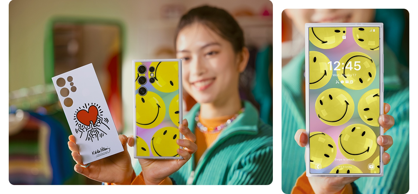 The woman is holding a Galaxy S24 Ultra with the Yellow Smiley plate attached and a Keith Haring plate. On the front of the right device, the Yellow Smiley plate is attached, and the changed Yellow Smiley's AOD Display is shown.