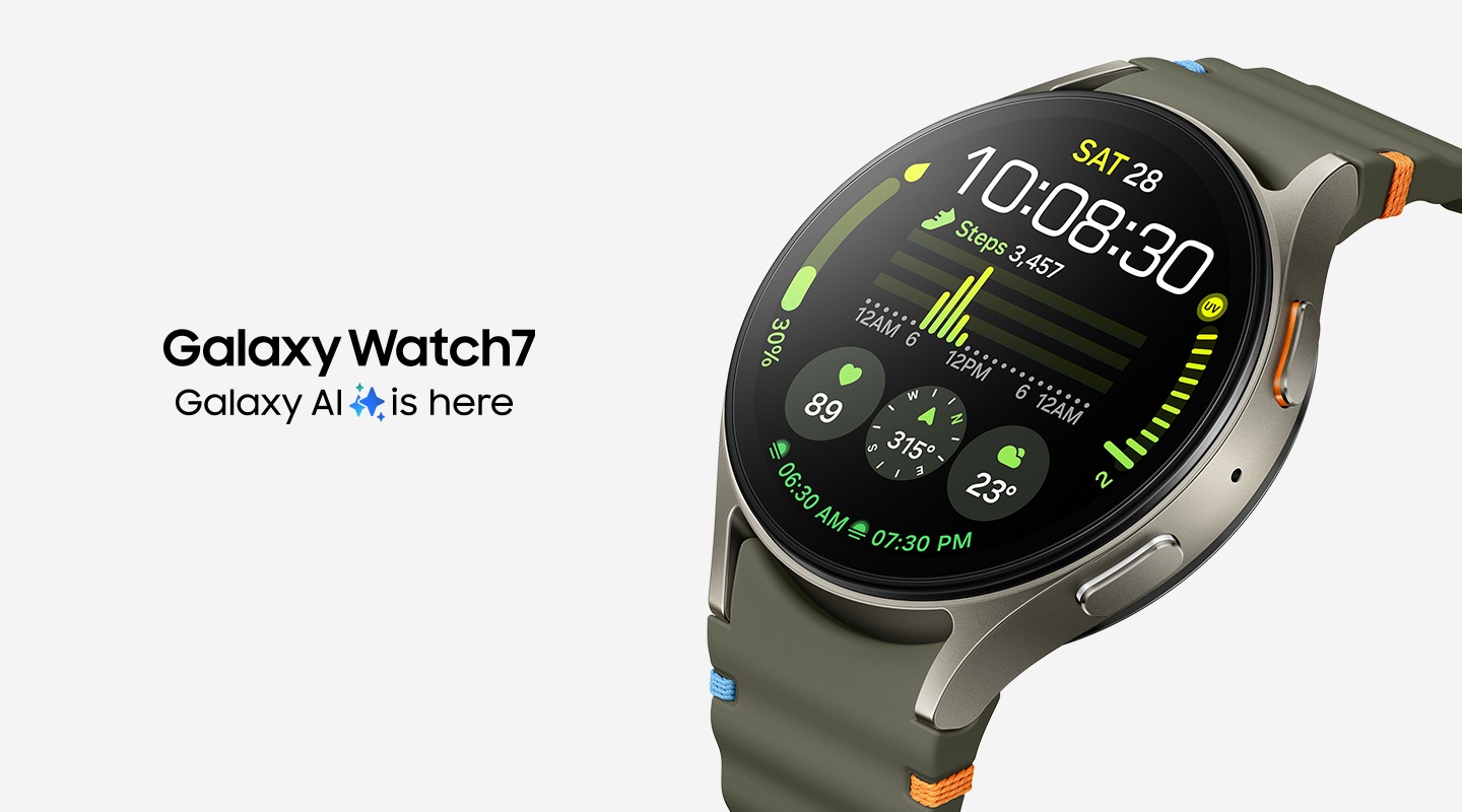 A Galaxy Watch7 with a watch face showing heart rate, steps and other workout metrics is slightly tilted facing top left. A text 'Galaxy AI is here' with a Galaxy AI icon can be seen.