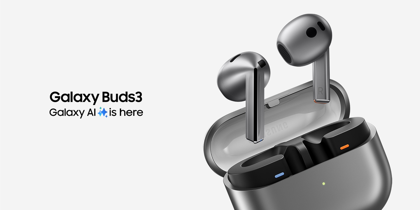 A pair of silver Galaxy Buds3 earbuds hovering above the open case that is tilted toward the left. Galaxy Buds3 in text. Galaxy AI is here in text with the Galaxy AI icon in between "AI" and "is".