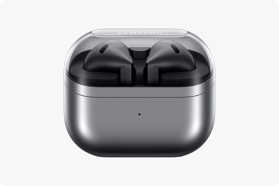 A pair of silver colored Galaxy Buds3 earbuds in a closed case.