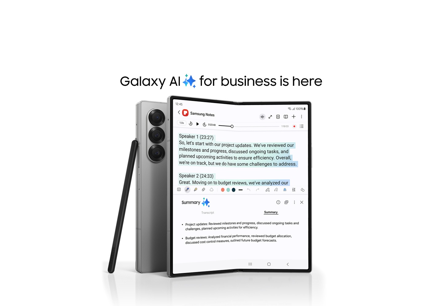 Galaxy AI para empresas ya está aquí. Se ve el Galaxy Z Fold6 desplegado desde la pantalla principal con la aplicación Notas abierta. Note Assist está activo en la pantalla. S Pen Fold Edition se apoya contra otro Galaxy Z Fold6 plegado.