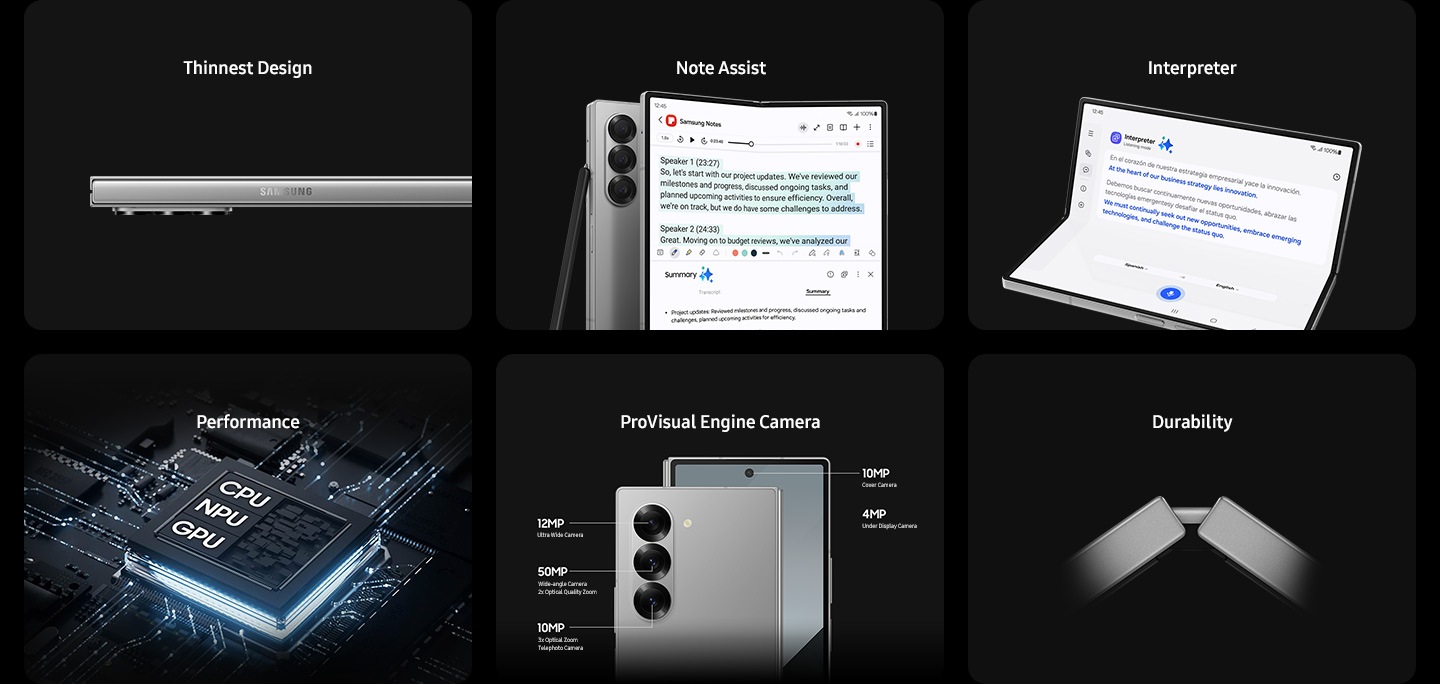 Diseño más delgado. Asistente de notas. Intérprete. Rendimiento: Un chipset que se muestra con las palabras NPU, GPU, CPU. Cámara ProVisual Engine: tres lentes de cámara en la parte posterior del Galaxy Z Fold6. Cámara trasera: Cámara ultra ancha de 12 megapíxeles, cámara gran angular de 50 megapíxeles con zoom óptico de calidad 2x, zoom óptico de 10 megapíxeles con 3x, cámara telefoto. Cámara frontal: Cámara de cubierta de 10 megapíxeles, cámara debajo de la pantalla de 4 megapíxeles. Durabilidad.
