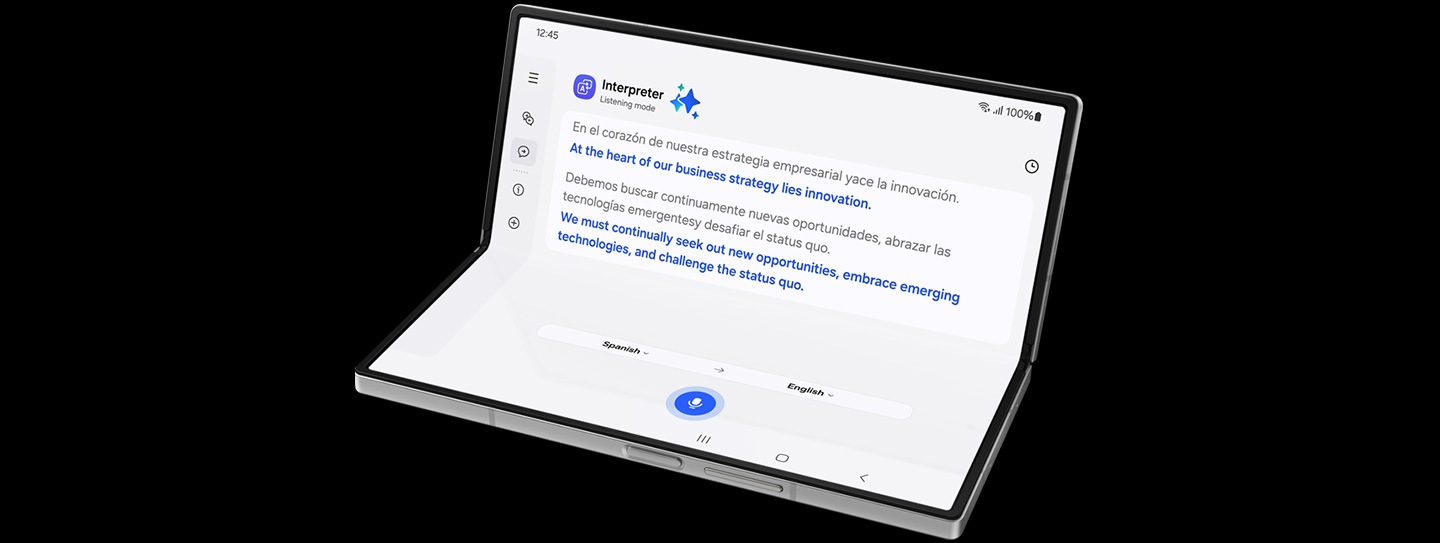 Galaxy Z Fold6 is seen in FlexMode from the main screen. Interpreter is active and translated text between two languages can be seen.