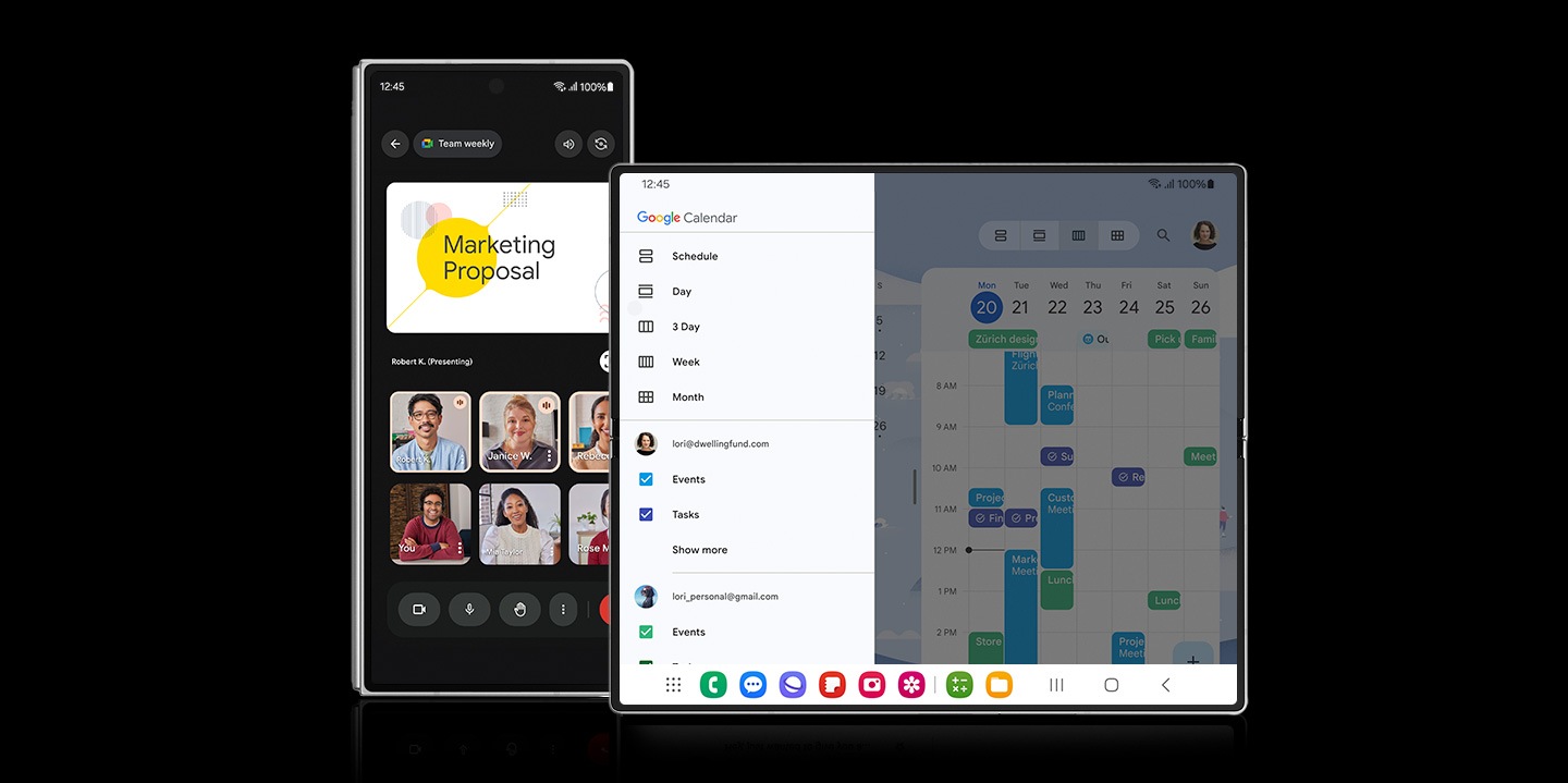 Two Galaxy Z Fold6 devices. One is seen from the cover screen with a professional conference call being held. The other is seen unfolded from the main screen with a shared Google calendar to manage schedules.