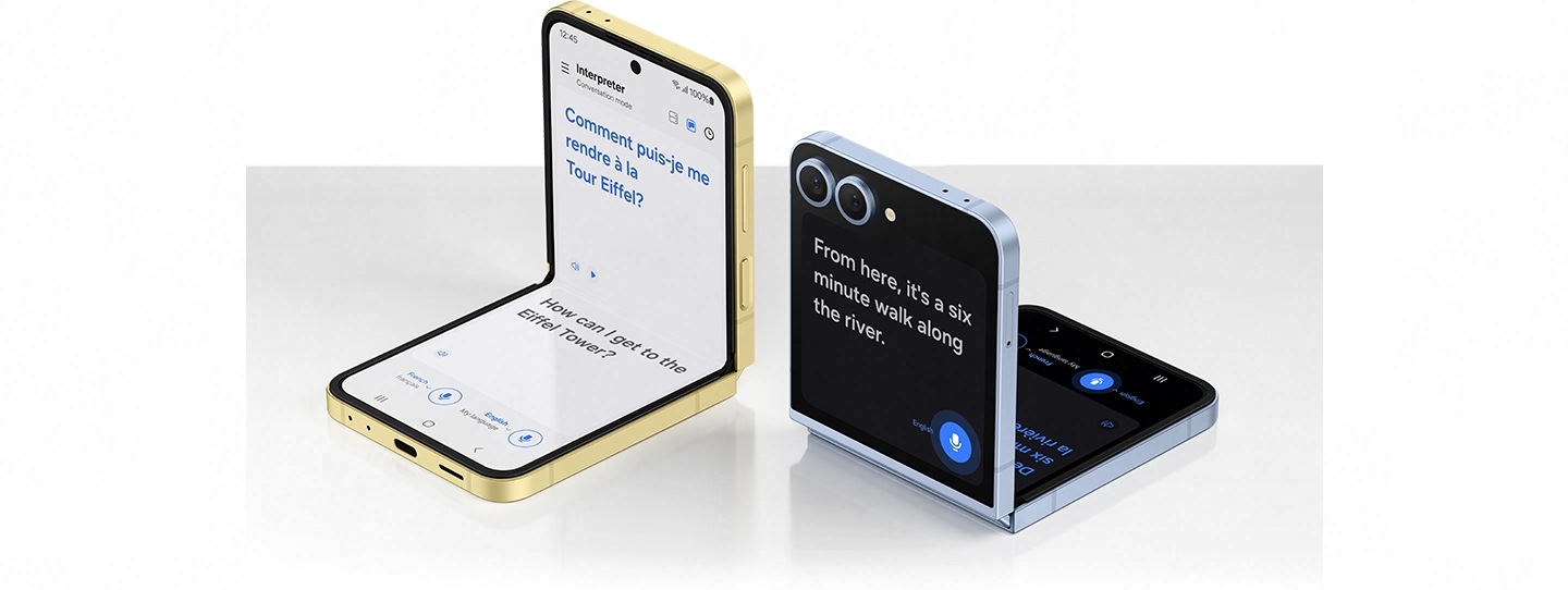El Galaxy Z Flip6 en amarillo se ve en FlexMode desde la pantalla principal. Otro Galaxy Z Flip6 en azul se ve en FlexMode desde FlexWindow. Se ve una traducción entre dos idiomas en ambas pantallas.