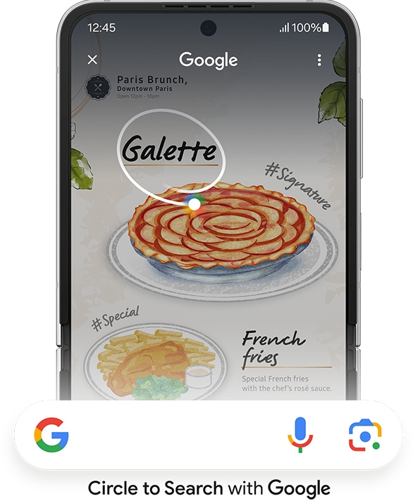 Primer plano de la pantalla principal del Galaxy Z Flip6 con la palabra "Galette" dentro de un menú. Debajo se ve una barra de búsqueda de Google. Haz un círculo para buscar con el logotipo de Google.
