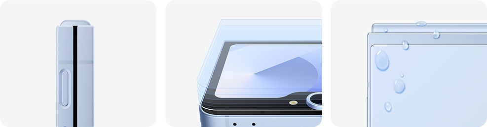 Primer plano de un Galaxy Z Flip6 cerrado desde una vista lateral. Primer plano de un Galaxy Z Flip6 FlexWindow con láminas protectoras de vidrio suspendidas sobre la pantalla. Primer plano de una esquina del Galaxy Z Flip6 con gotas de agua en el exterior.