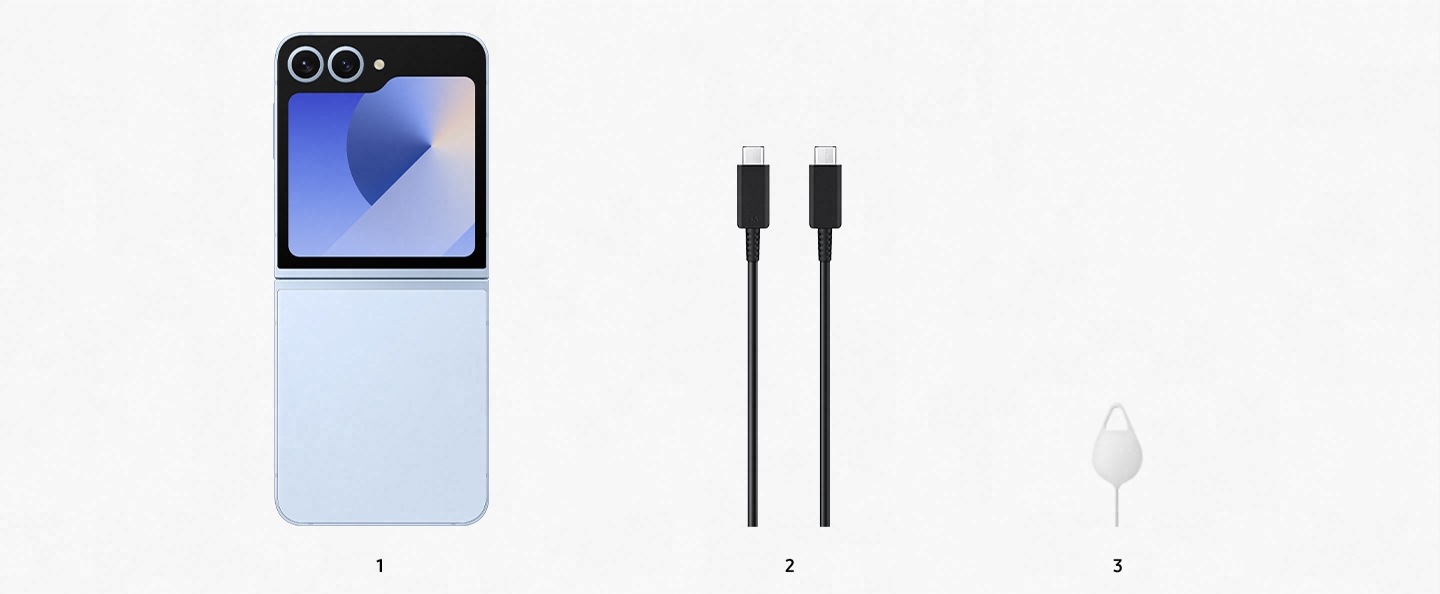Incluye tres elementos. 1. Galaxy Z Flip6. 2. Cable tipo C a tipo C. 3. Pasador de expulsión. Enumerados en orden de importancia.
